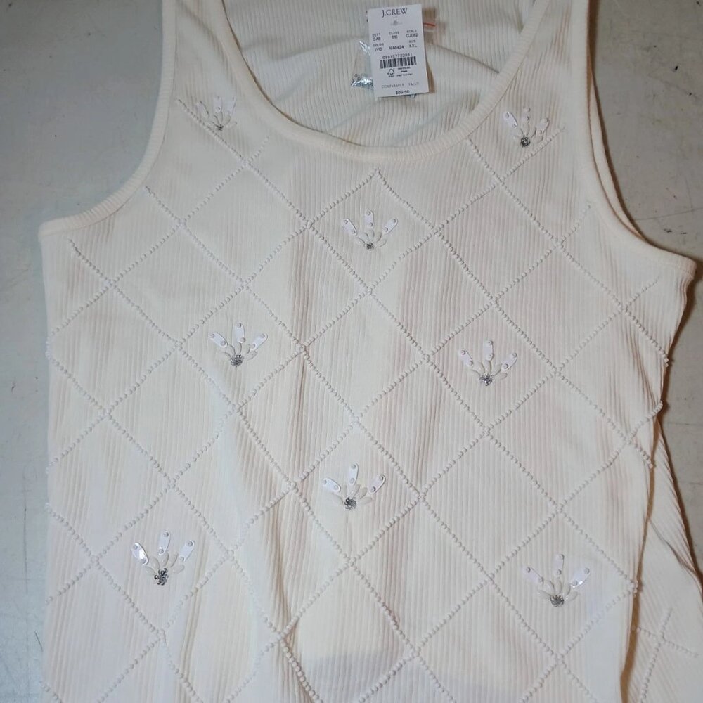 NWT J.Crew Ivory Beaded Argyle Ribbed Tank Top Sequin Embellished XXL- FREE SHIP